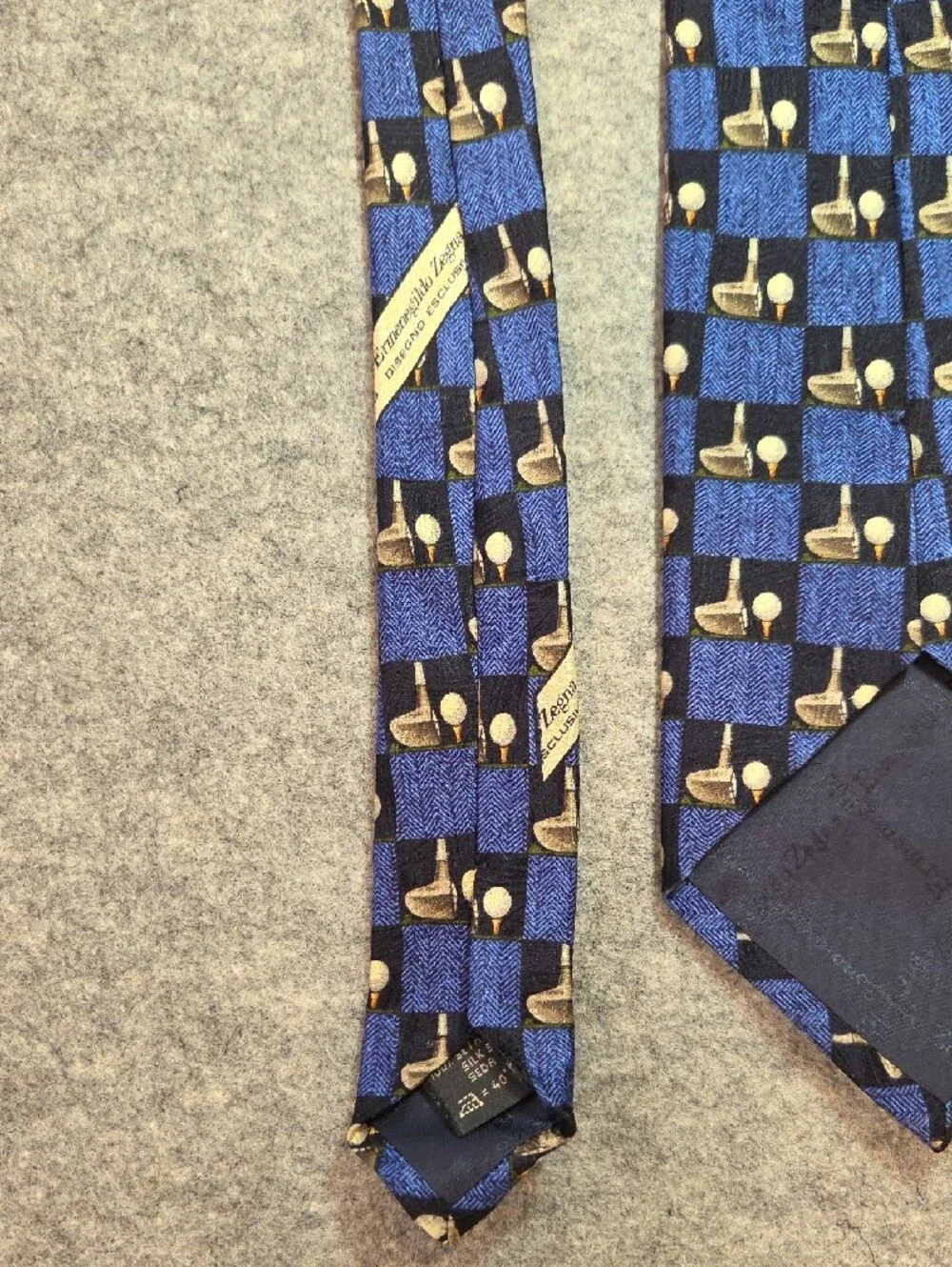 Ermenegildo Zegna Men's Blue and Black Checker Silk Tie with Golf Motif 3.85x59